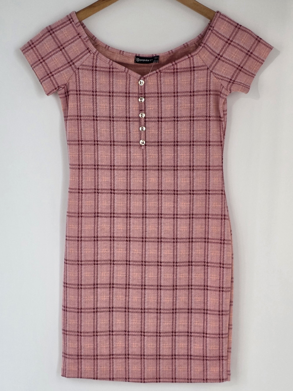 Popular 21 Plaid Pink Bodycon Short Sleeve Knit Mini Dress Juinor Size Small